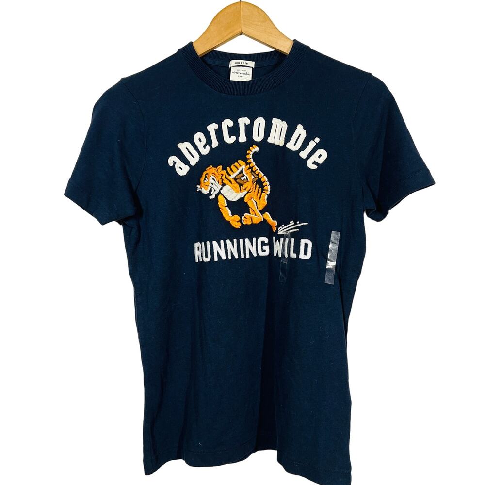 NEW! Abercrombie Texture Stitch Tee Running Wild Tiger Short Sleeve Navy - L